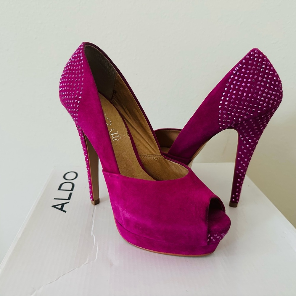 Aldo Fuchsia Pink Stiletto Heels with Pink Rhinestone Embellishments